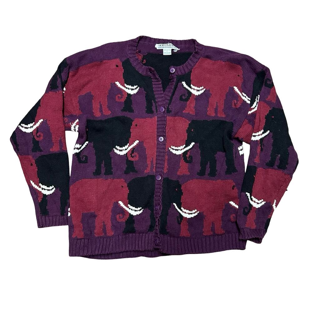 Vintage Worlds Apart Cardigan Sweater Womens Large Purple Black Elephants